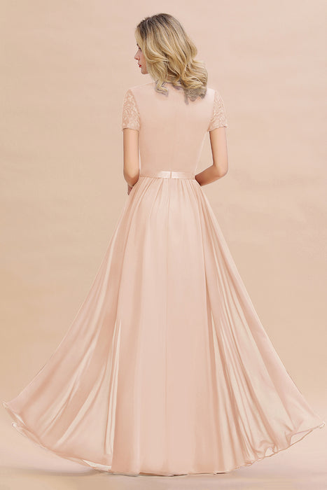 Modest Burgundy Chiffon Bridesmaid Dress Short Sleeves Lace Aline Evening Dress with Sash