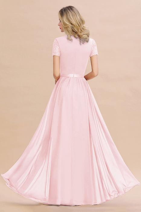 Modest Burgundy Chiffon Bridesmaid Dress Short Sleeves Lace Aline Evening Dress with Sash