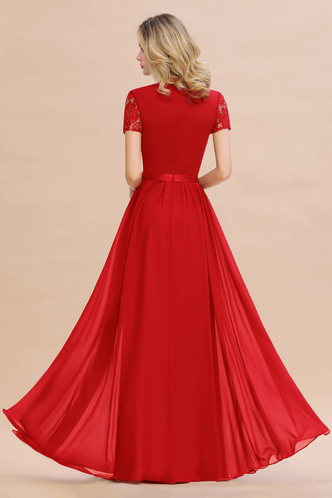 Modest Burgundy Chiffon Bridesmaid Dress Short Sleeves Lace Aline Evening Dress with Sash