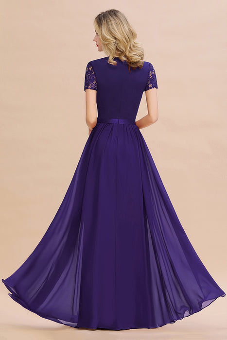 Modest Burgundy Chiffon Bridesmaid Dress Short Sleeves Lace Aline Evening Dress with Sash