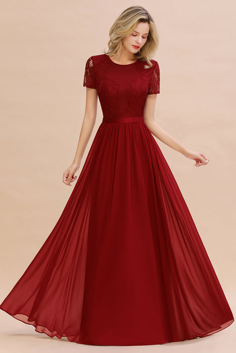 Modest Burgundy Chiffon Bridesmaid Dress Short Sleeves Lace Aline Evening Dress with Sash