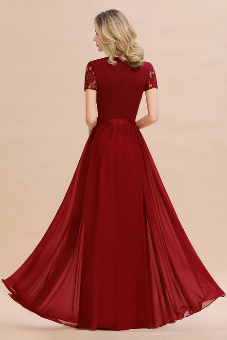 Modest Burgundy Chiffon Bridesmaid Dress Short Sleeves Lace Aline Evening Dress with Sash