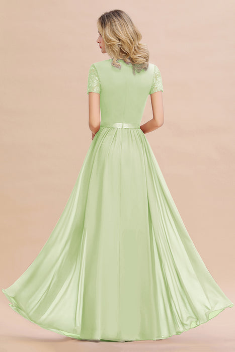 Modest Burgundy Chiffon Bridesmaid Dress Short Sleeves Lace Aline Evening Dress with Sash