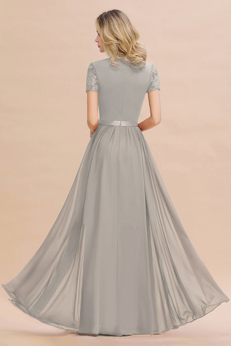 Modest Burgundy Chiffon Bridesmaid Dress Short Sleeves Lace Aline Evening Dress with Sash