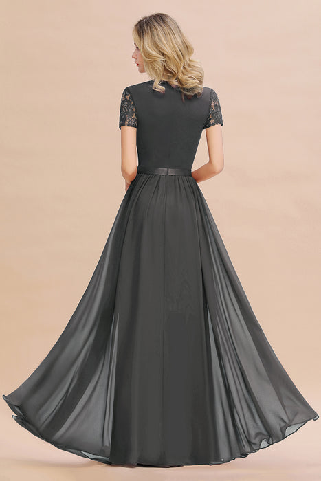 Modest Burgundy Chiffon Bridesmaid Dress Short Sleeves Lace Aline Evening Dress with Sash