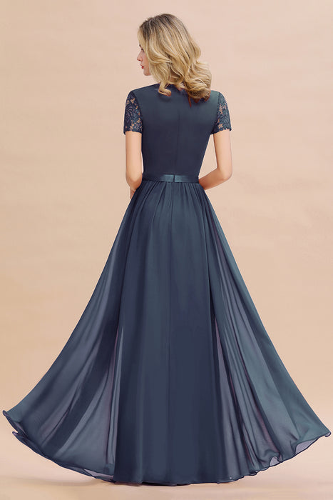 Modest Burgundy Chiffon Bridesmaid Dress Short Sleeves Lace Aline Evening Dress with Sash