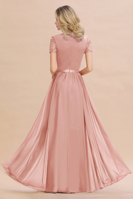 Modest Burgundy Chiffon Bridesmaid Dress Short Sleeves Lace Aline Evening Dress with Sash