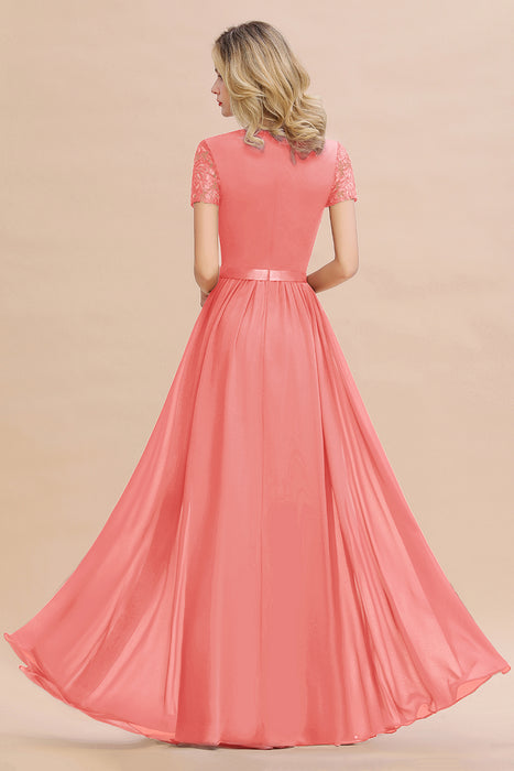 Modest Burgundy Chiffon Bridesmaid Dress Short Sleeves Lace Aline Evening Dress with Sash