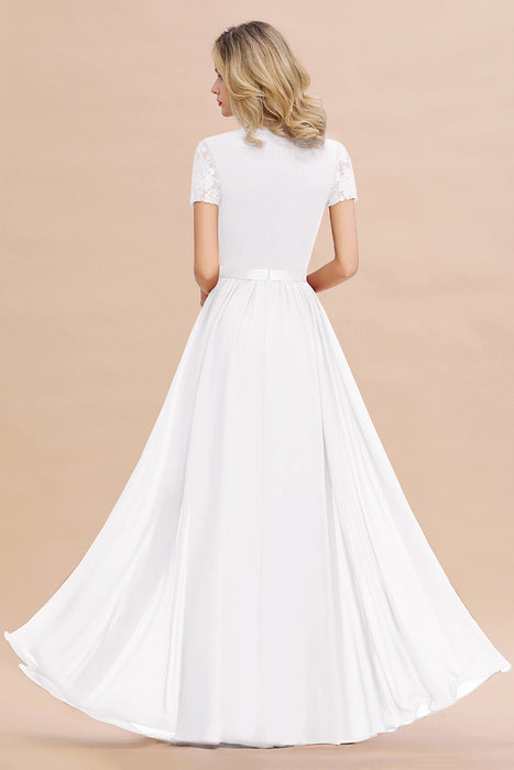 Modest Burgundy Chiffon Bridesmaid Dress Short Sleeves Lace Aline Evening Dress with Sash