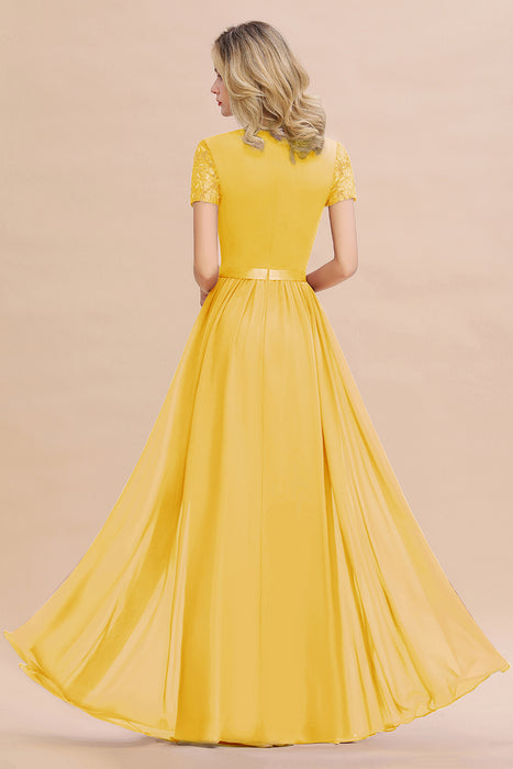 Modest Burgundy Chiffon Bridesmaid Dress Short Sleeves Lace Aline Evening Dress with Sash