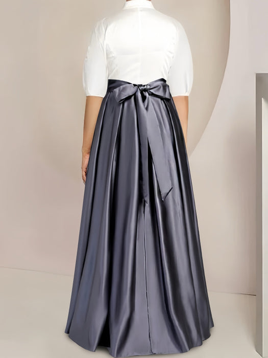 Princess A-Line Satin Mother of the Bride Dress with Bowknot - Plus Size Floor-Length 2-Piece Set
