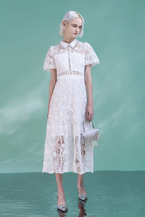 Short Sleeves Aline Lace Formal Dress White Tea Length Casual Wear Dress - Dresses