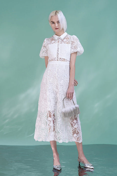 Short Sleeves Aline Lace Formal Dress White Tea Length Casual Wear Dress - White / S - Dresses