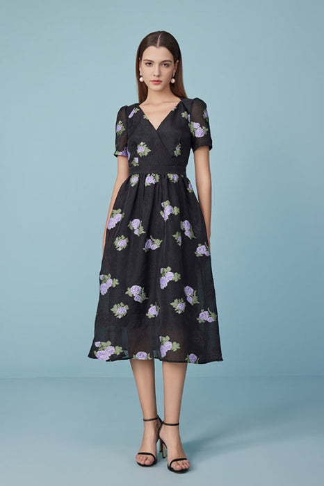 Short Sleeves Black Lace Dress V-Neck Flowers Casual Wear Dress for Girls - Black / S - Dresses