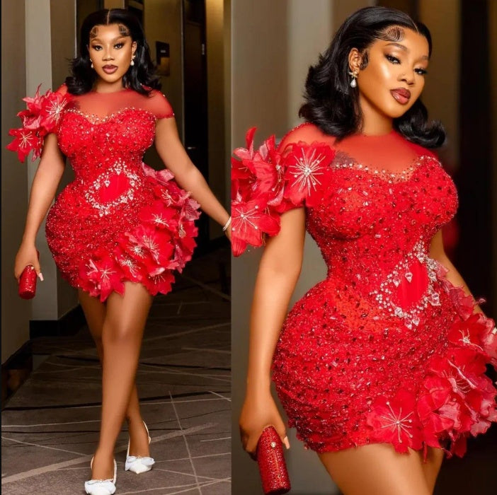 Bateau Neck Red Short Homecoming Dress with Beadings Tight Prom Dress