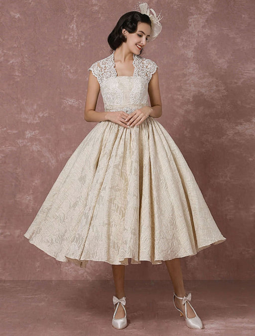 Short Wedding Dress Lace Champagne Vintage Bridal Dress Ball Gown Beading Backless Tea-length Bridal Gown With Sash misshow
