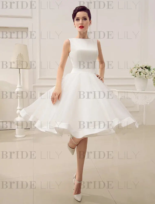 Short Wedding Dress Vintage Bridal Dress 1950’s Bateau Sleeveless Reception Bridal Gown misshow