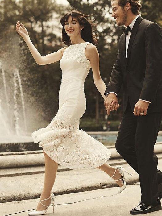 Short Wedding Dress Vintage Jewel Sleeveless Sheath Bridal Dress