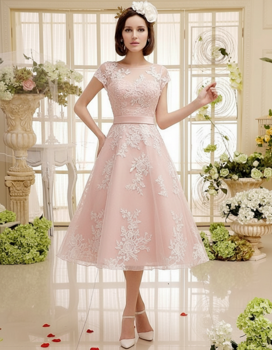 Short Wedding Dresses pink Lace Applique Vintage Bridal Dress Illusion Sweetheart Tea Length Wedding Reception Dresse