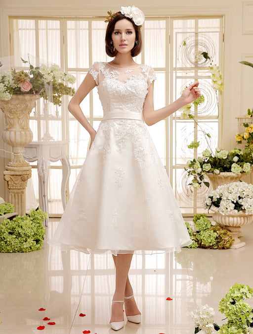 Ivory Lace Tea Length Wedding Reception Dresses-Bridelily