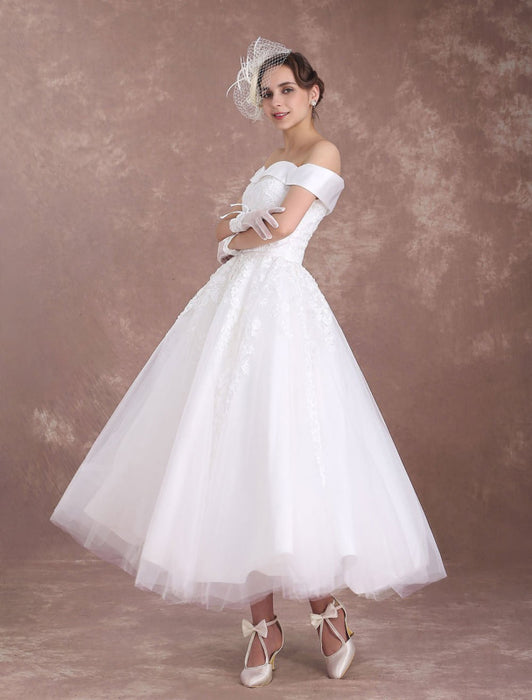 Short Wedding Dresses Off The Shoulder Vintage Bridal Dress 1950's Lace Applique Tulle Tea Length Ivory Wedding Reception Dress misshow