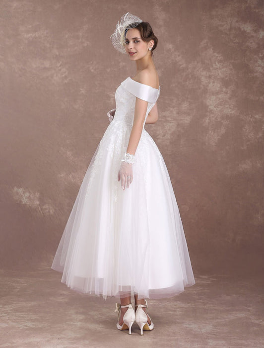 Short Wedding Dresses Off The Shoulder Vintage Bridal Dress 1950's Lace Applique Tulle Tea Length Ivory Wedding Reception Dress misshow