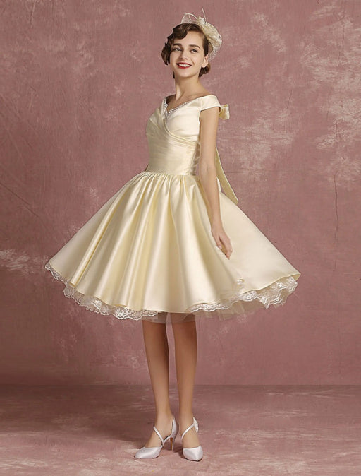 Short Wedding Dresses Satin Vintage Princess Bridal Dress Knee Length Sleeveless Lace Edge Pleated Bridal Gown With Ribbon Bow misshow