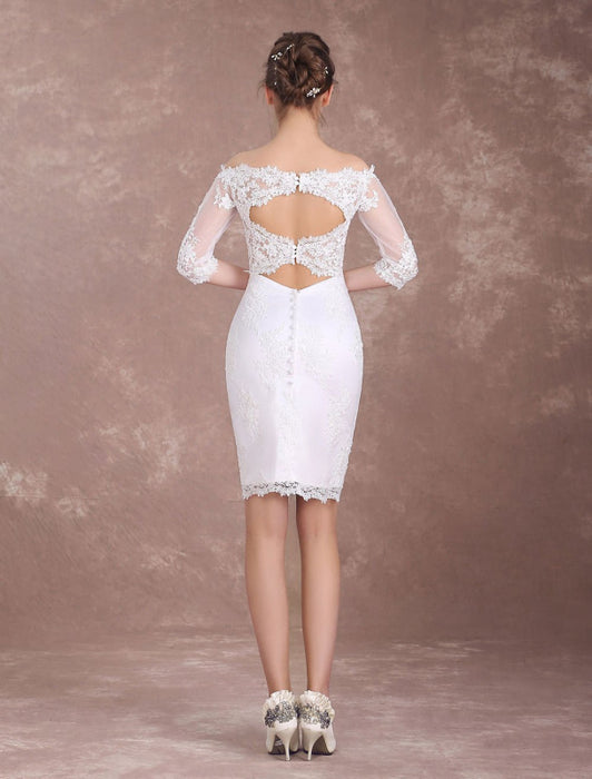 Short Wedding Dresses Sheath Lace Bridal Dress Ivory Off The Shoulder Half Sleeve Illusion Knee Length Column Wedding Reception Dress misshow