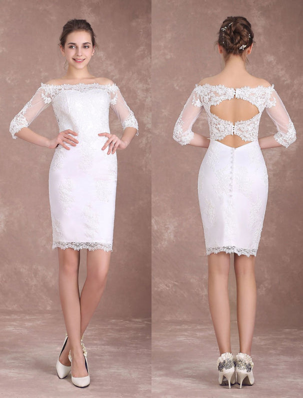 Sheath/Column Scoop Half Sleeves Knee-Length Lace Wedding Dress With Appliques main image 1