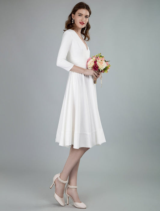 Short Wedding Dresses V Neck 3/4 Length Sleeves A-Line Knee Length Bridal Dress