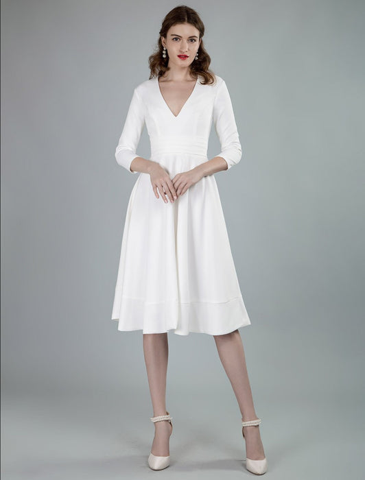 Short Wedding Dresses V Neck 3/4 Length Sleeves A-Line Knee Length Bridal Dress