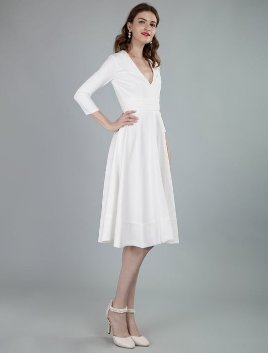 Short Wedding Dresses V Neck 3/4 Length Sleeves A-Line Knee Length Bridal Dress