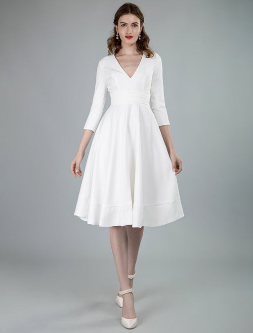 Short Wedding Dresses V Neck 3/4 Length Sleeves A-Line Knee Length Bridal Dress