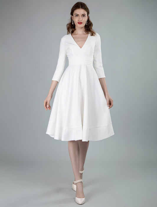 Short Wedding Dresses V Neck 3/4 Length Sleeves A-Line Knee Length Bridal Dress