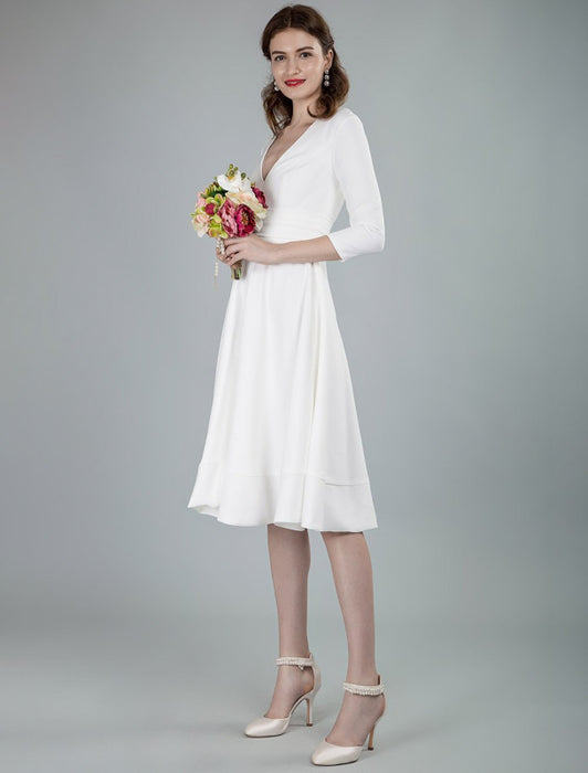 Short Wedding Dresses V Neck 3/4 Length Sleeves A-Line Knee Length Bridal Dress