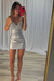 Silver Spaghetti Straps Satin Tight Short Homecoming Dress with Beadings