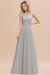 Silver Modest Floral Lace A-line Bridesmaid Dress V-Neck Floor Length Chiffon Wedding Guest Dress 