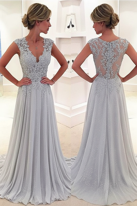 Silver A-Line/Princess Sleeveless Chiffon Lace V-neck Sweep/Brush Train Dresses - Prom Dresses