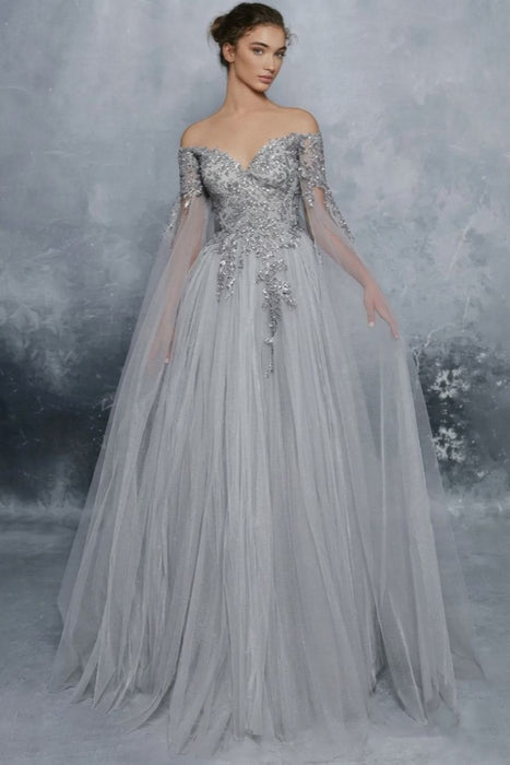 Silver Evening Dress A-Line Bateau Neck Long Sleeves Tulle Floor-Length Formal Dinner Dresses