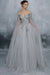 Silver Evening Dress A-Line Bateau Neck Long Sleeves Tulle Floor-Length Formal Dinner Dresses