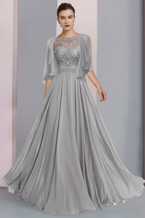 Silver Floor-Length A-Line Mother of the Bride Dress with Princess Scoop Neckline