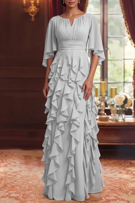 Silver Chiffon Mother of the Bride Dress Flutter Sleeves with Cascading Ruffles