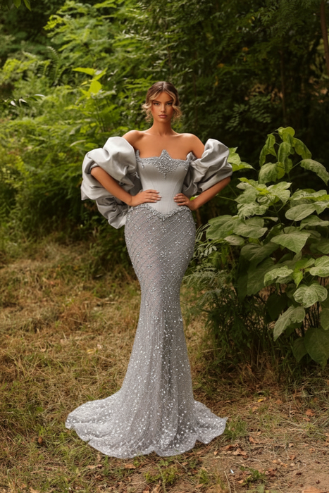 Silver Satin Mermaid Evening Gown Beadings Floor Length Party Dress with puffy Sleeves