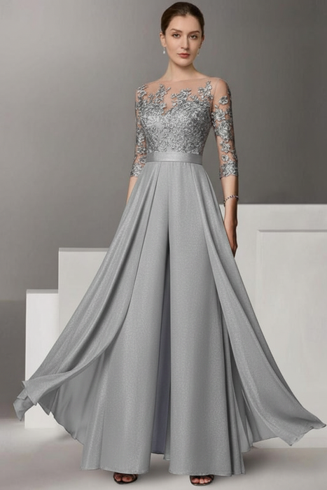 Silver Half Sleeves Chiffon Mother of Bride Jumpsuit with Appliques - Prom Dresses