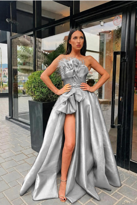 Silver Feather Split Long Prom Gown