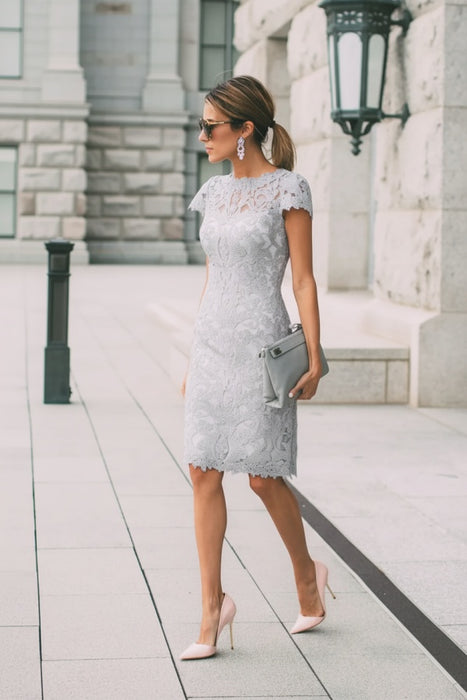Silver Lace Formal Dresses Knee Length Mother of the Bride Dress Cap Sleeves