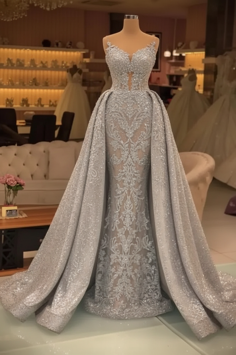 Silver Chic evening dresses long lace Prom dresses - Prom Dresses