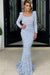 Silver Long Sleeve Square Neck Mermaid Prom Dress with Sequins