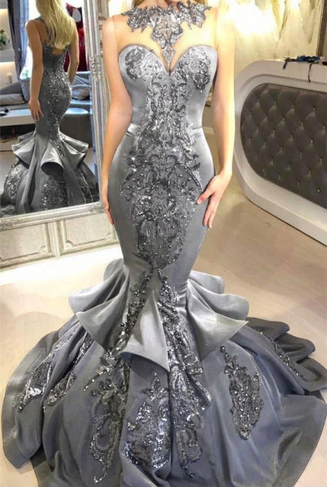 Silver Mermaid Beads Prom Dresses Appliques Evening Dresses