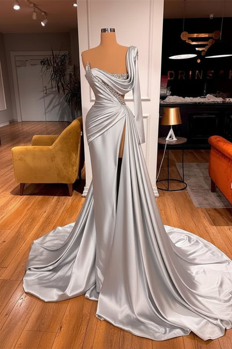 Silver One Shoulder Mermaid Prom Dress Beaded with Split